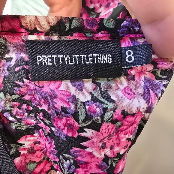 Pretty Little Thing Dress Womens Black Pink Floral Bow Slit Bodycon Cottagecore - Picture 5 of 13